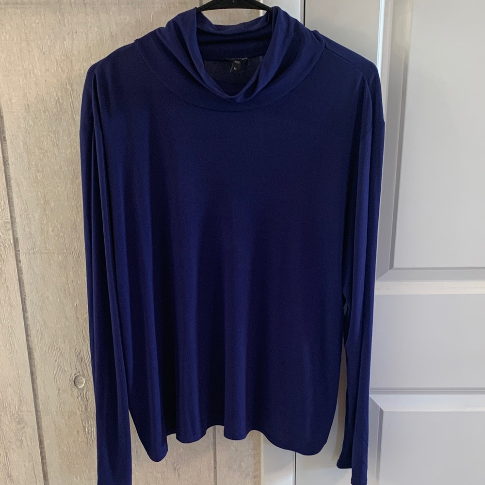 Eileen Fisher 2pc Navy Blue Cardigan Sz L Cotton & Mock Neck Top Sz XL 100% Silk